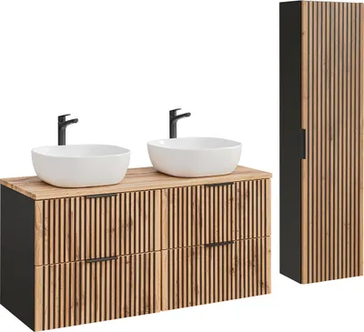 Produktbild von Doppelwaschtisch und Hängesäule 120.6cm Gaia mit 2 Schubladen, Eichenoptik und Schwarz