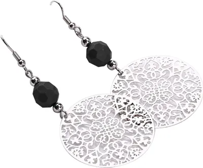Produktbild von Vintage Frauen Haken Ohrringe große hohle runde Blume Perle Anhänger Party Schmuck-Schwarz