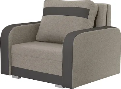 A studio shot of a beige and black armchair with a pillow.