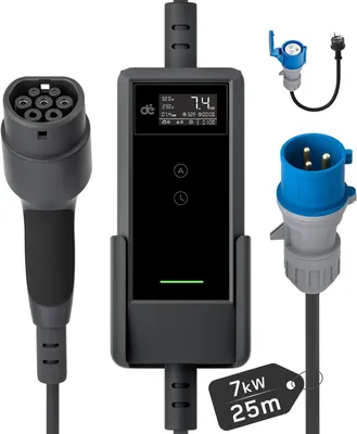 Immagine prodotto di Cavo di ricarica tipo 2 con spina CEE, stazione di ricarica portatile da parete, 7,4 kW [monofase | 25 m | 6-32 A], con potenza di ricarica regolabile, caricabatterie per veicoli elettrici e stazione di ricarica mobile per