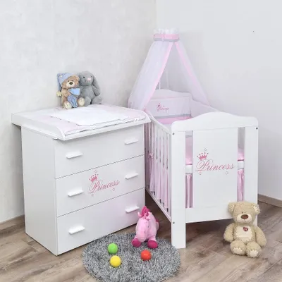 Produktbild von Baby-Delux Babyzimmer Princess Babybett 120x60 Wickelkommode Bettwäsche Set Komplettzimmer