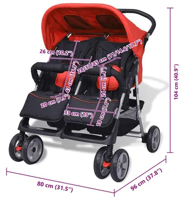 Produktbild von vidaXL Zwillingskinderwagen Stahl Rot und Schwarz