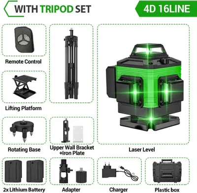 Zdjęcie produktu dla Profesjonalny laser liniowy – 16 linii – samopoziomujący – zielony 505–520 nm – walizka z tworzywa sztucznego + statyw – czerwony