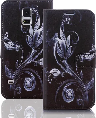 A black bookstyle phone case with a floral design is shown from the front.