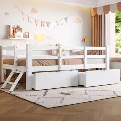 Produktbild von Kinderbett aus Holz mit Rausfallschutz, 2 Schubladen und Lattenrost, bodennahes Jugendbett in Weiß, 90 x 200 cm