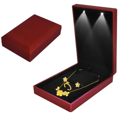 Produktbild von Samt Schmuckschatulle Velvet Box mit LED-Licht, für Halskette Anhänger Ohrring Ring Lagerung, Samt Schmuck Geschenkbox mit LED für Vorschläge Hochzeit Verlobung Valentinstag, 16*11*4.5cm, Rot – Größe