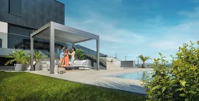 Obrázok produktu pre Oceľová bioklimatická pergola Biohort 4x3 404,5 x 312 cm, metalíza, sivý kremeň