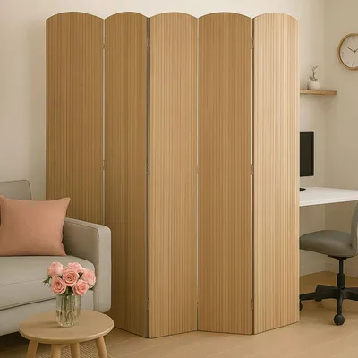 A room divider is shown in a living room setting, next to a sofa and a desk area.