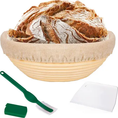 Obrázok produktu pre Kôš na kysnutie chleba Rond ø 25 cm, výška 7 cm Banneton Kôš na kysnutie chleba Kôš na kysnutie chleba a cesta s ľanovou vložkou, škrabka na cesto pre domáci chlieb a domácich pekárov