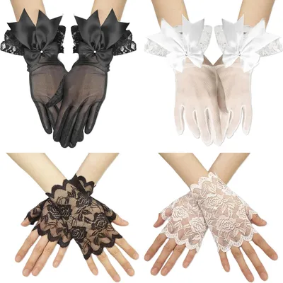Produktbild von Fingerlose Kurze Spitzenhandschuhe, Schwarz Weiß, 4 Paar, Mit Schleife, für Hochzeit