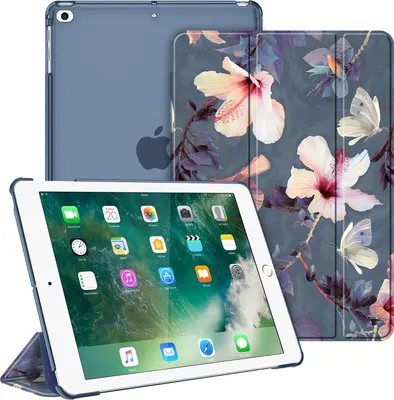 Produktbild von Fintie Hülle für Pad 9.7 Zoll 2018 2017 / iPad Air 2 (2014) / iPad Air (2013) - Ultradünn Schutzhülle mit transparenter Rückseite Abdeckung Cover mit Auto Schlaf/Wach Funktion, Hibiskus