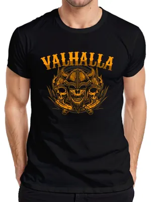 Productafbeelding van Valhalla, Viking, schedelhelm, bijlen, Noordse mythologie, runen, heren T-shirt, zwart, maat M