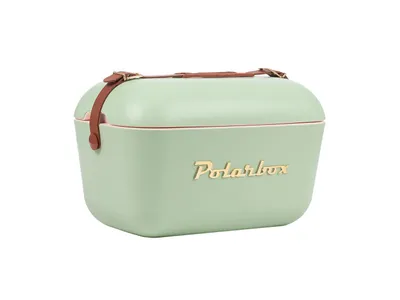 A light green cooler box with brown leather straps and gold lettering on a white background.