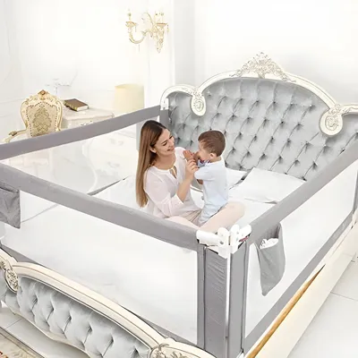 Produktbild von PolkaHome® Kinderbettgitter für vertikales Heben, Sturzsicherung für Kleinkinder, Babys und Kinder (Grau, 200 cm, 1 Seite)