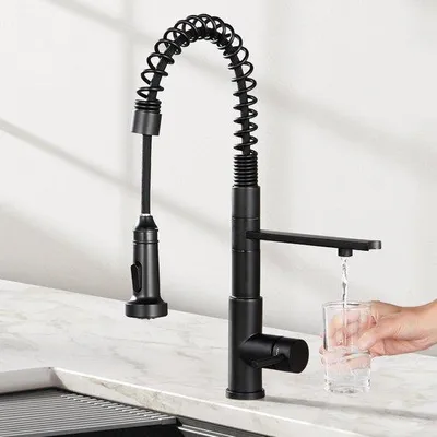 Produktbild von CREA 3-Wege-Spiralfeder-Küchenarmatur, Trinkwasserarmatur für die Küche mit ausziehbarer Brause, Küchenarmatur, Mischbatterie für die Spüle, geeignet für Osmoseanlage und Wasserfilter, Edelstahl schwarz