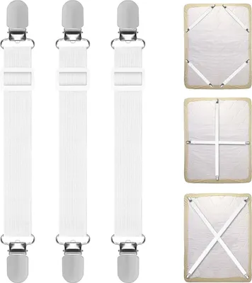 Produktbild von Bettlakenklammern Verstellbar 55–220 cm, 3 Stück Elastische Bettlakenspanner mit Metallclips für Spannbettlaken, Matratze, Bügelbrett und Sofa, Faltenfreie Betttuchspanner, Weiß