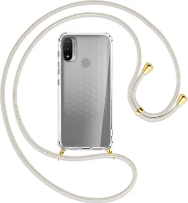 Produktbild von Handykette Backcover-Schutzhülle mit Band (Metall goldfarben) für Motorola Moto E20 (XT2155) - broken white