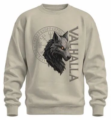 Imagen del producto de Sudadera con cuello redondo, diseño de cabeza de lobo vikingo, runas, mitología nórdica, color natural, talla XXL