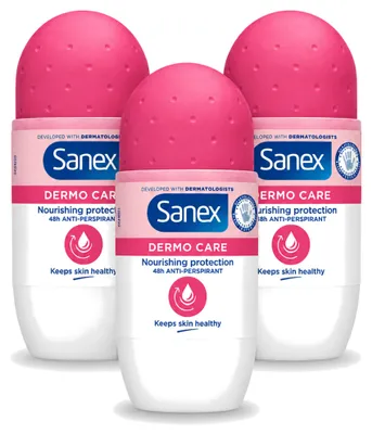 Imagen del producto de 3 unidades de antitranspirante roll-on Sanex Dermo Care, 48 horas de protección, 50 ml. Paquete económico