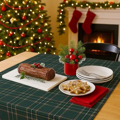 Productafbeelding van Kerst Tafelkleed - Keukentextiel - Feestelijke Decoratie - Afwasbaar Patroon - 100 x 100 cm - Groen Geruit