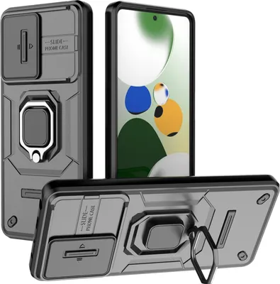 Produktbild von Hülle für Xiaomi Poco X5 Pro/Redmi Note 12 Pro 5G Dual Layer Handyhülle Schiebe Kamera Schutz und Ringhalter Ständer Schwarz