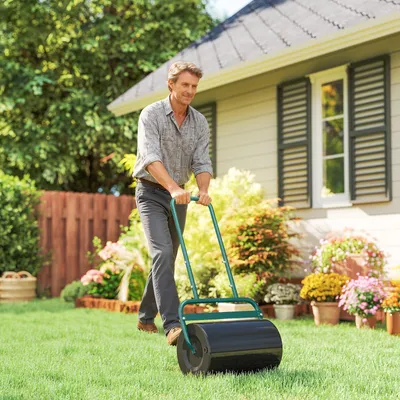 Produktbild von Rasenwalze befüllbar 38 L, Gartenwalze Graswalze Stahl, Dunkelgrün | 58 x 32,5 x 113 cm | bis 62 kg | U-Griff
