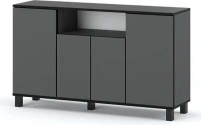 A gray matte sideboard with four doors and an open shelf compartment.