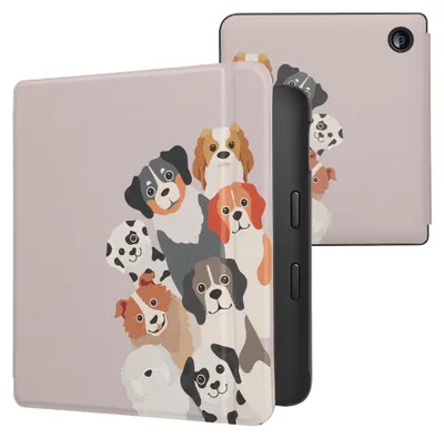 Produktbild von kwmobile Schutzhülle für Kobo Libra 2 Hülle - eReader Flip Case mit Auto Sleep Funktion - Lustige Hunde mit Braun Weiß Taupe