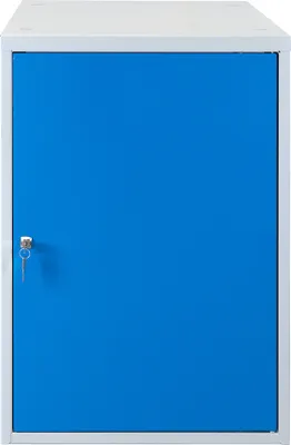 Produktbild von Stahlblechschrank mit Tür und 2 Fachböden für Werkbank Rhino| HxBxT 80x53x70cm | Traglast 50kg | Lichtgrau/Lichtblau