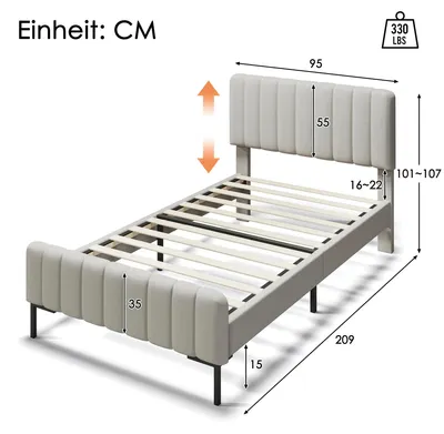 Obrázok produktu pre Čalúnená posteľ 90 x 200 cm – rám jednolôžkovej postele – drevený rám s roštom – nastaviteľné čelo – látkové čalúnenie – bez úložného priestoru – šedo-béžová