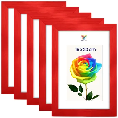 Produktbild von MG Design 5er Set Bilderrahmen 15 x 20 cm - Fotorahmen mit Rot Echtholzrahmen und bruchsicherem Acrylglas, Hoch & Quer zum Aufhängen, zum Aufstellen