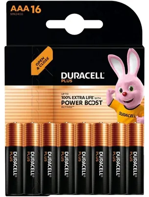 Obrázok produktu pre Duracell Plus, Batéria na jedno použitie, AAA, Alkalický, 1,5 V, 16 kusov, Čierna, Zlato