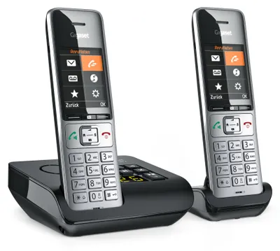 Produktbild von Gigaset COMFORT 500A duo, Analoges/DECT-Telefon, Kabelgebundenes Mobilteil, Freisprecheinrichtung, 200 Eintragungen, Anrufer-Identifikation, Schwarz, Silber