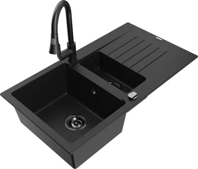 Produktbild von Mexen Matias 1,5-Becken-Granitspüle mit Abtropffläche und Mischbatterie Elia, Schwarz - 6502-77-670101-70-B