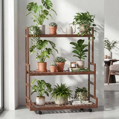 Immagine prodotto di Scaffale per piante in bambù HWC-Q33, scala per fiori, supporto per fiori, scala per piante, 3 ripiani, rotelle, 105x90x38 cm ~ marrone