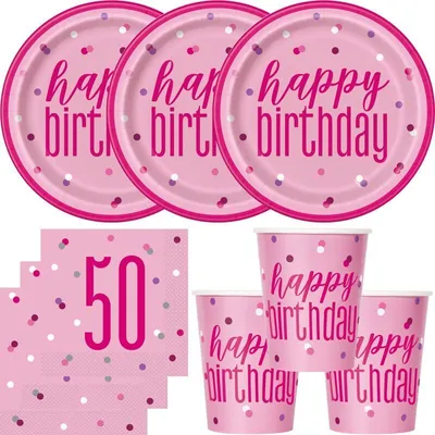 Produktbild von 50. Geburtstag Partyset Einweggeschirr rosa pink 48 tlg. Partygeschirr Teller Becher Servietten