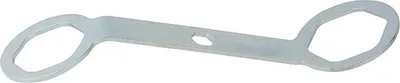 A metal wrench tool with two hexagonal openings and one oval opening.