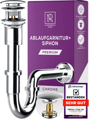 Zdjęcie produktu dla M.ROSENFELD HOME Zestaw odpływowy syfonowy do zlewozmywaka z przelewem - zawór odpływowy z wysuwanym zaworem spustowym + zlew z rurą spustową, syfon do zlewu ze stali nierdzewnej