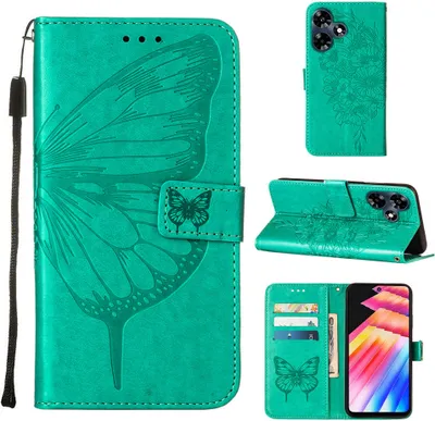 Produktbild von Lederhülle für Infinix Hot 30 4G X6831 Schmetterling Prägung Flip Ledertasche Kartenfächer Handyhülle mit Ständer Grün