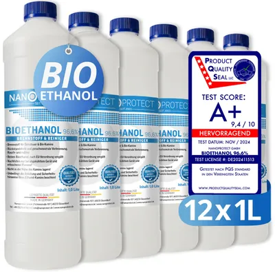 Produktbild von Nanoprotect Bioethanol 96,6% | 12 x 1 Liter | Flüssiger Ethanol Brennstoff für Indoor Kamin und Tischfeuer | Reiner Ethylalkohol als Lösungsmittel | e …