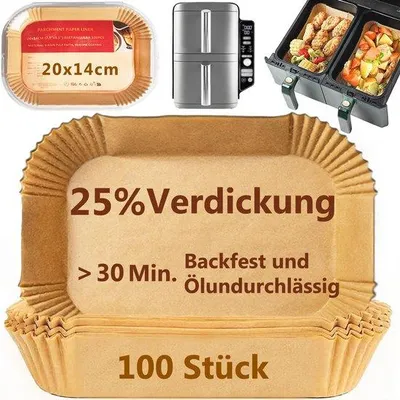 Zdjęcie produktu dla Wytrzymały papier do pieczenia do frytkownicy na gorące powietrze (prostokątny, 20 x 14 cm, bez BPA) do modeli AF300EU/AF400EU/SL400EU oraz frytkownicy Dual-Chamber Airfryer, 100 arkuszy.
