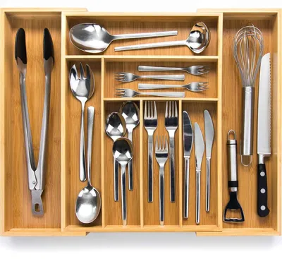 Obrázek produktu pro Organizér do zásuvky, rozměry 43 cm, bambus, výsuvný, určený do kuchyňské zásuvky
