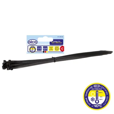 Zdjęcie produktu dla opaski kablowe alca® 4,8*350mm 50 szt. czarne 22 kg wytrzymałości na rozciąganie odporne na promieniowanie UV do mocowania kabli wewnątrz i na zewnątrz budynków odporne na temperaturę nylonowe