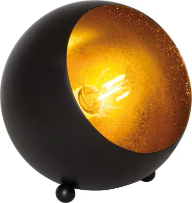 A black spherical table lamp with a gold interior, lit by a visible bulb.