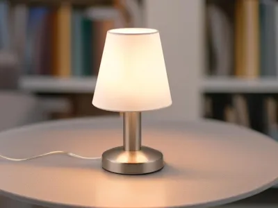 A small table lamp with a silver base and a white fabric shade sits on a round, light-colored table. The background shows blurred bookshelves.
