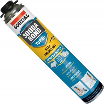 A can of Soudal SoudaBond Turbo construction adhesive is shown against a white background.