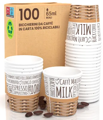 100 Papierbecher 65 ml, umweltfreundlich, biologisch abbaubar, Einweg
