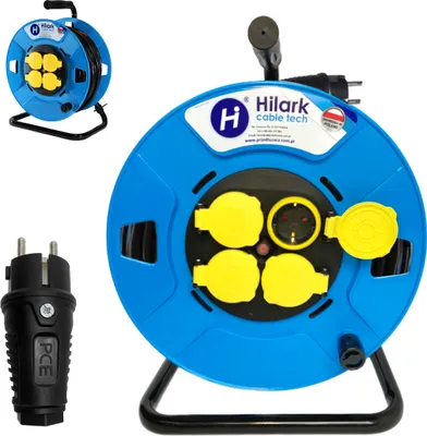 Productafbeelding van Hilark verlengsnoer voor gebruik buitenshuis, type H05VV-F, 3G2,5 mm², op een haspel, met 4 Schuko-stekkerdozen (20 meter, zwart)