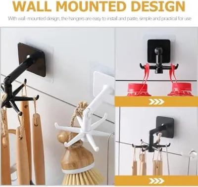 Produktbild von Drehbare Küchenhaken aus Kunststoff, 4 Stück, zur Wandmontage | 360°-Drehung, einfache Montage ohne Bohren und platzsparende Aufbewahrung von Utensilien