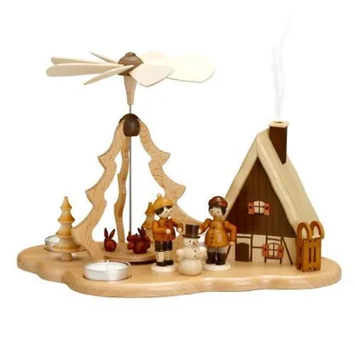 Produktbild von Tischpyramide Winterkinder mit Schneemann natur und Räucherhaus HxLxB 33x21x22cm NEU